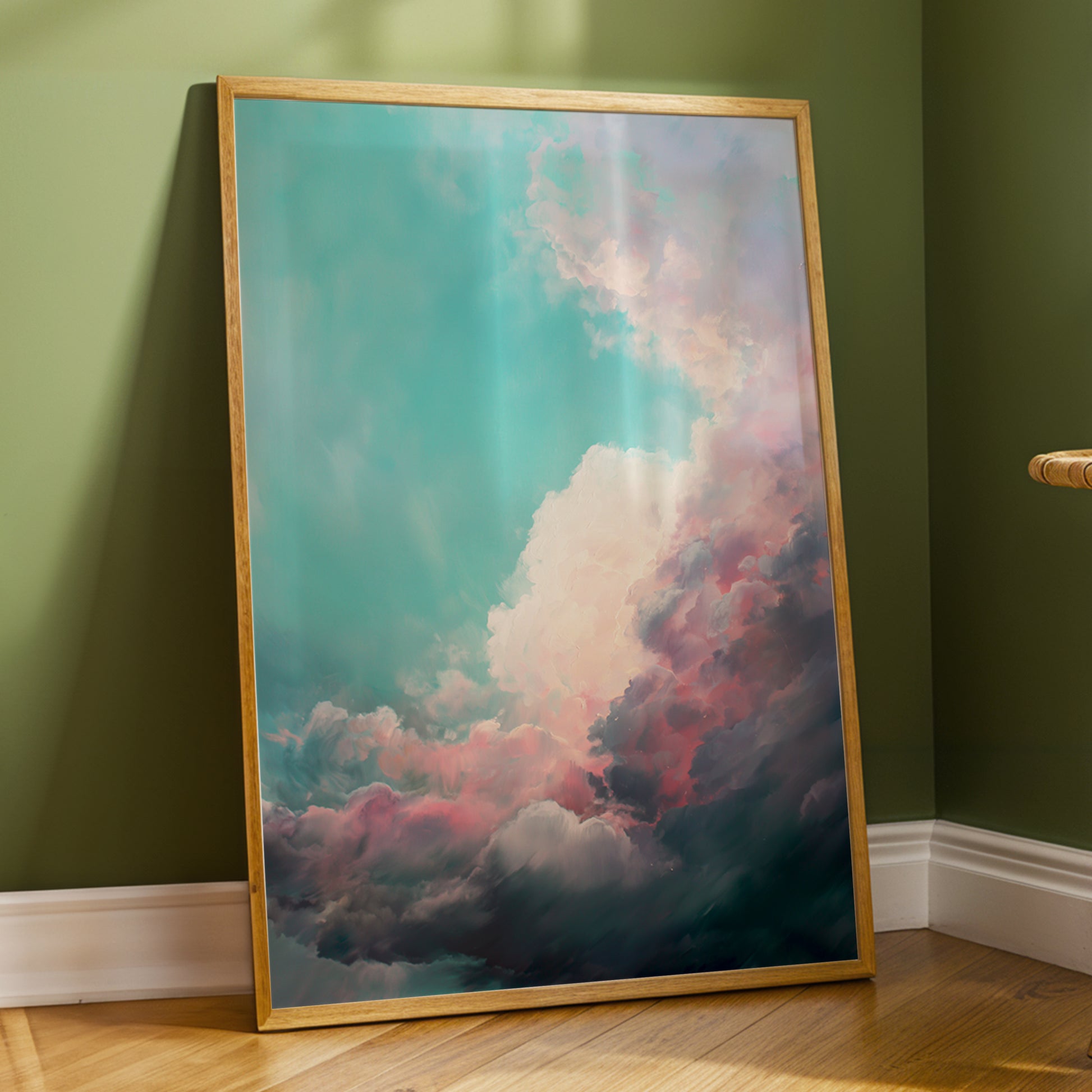 Blush Tempest, blue, green, pink nature wall art displayed in a styled interior, gallery view 2