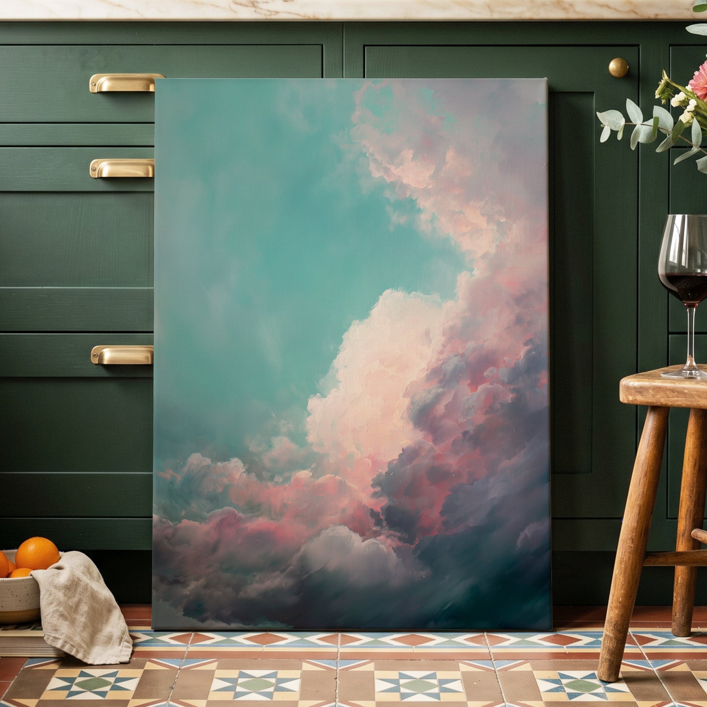 Blush Tempest, blue, green, pink nature wall art displayed in a styled interior, gallery view 3
