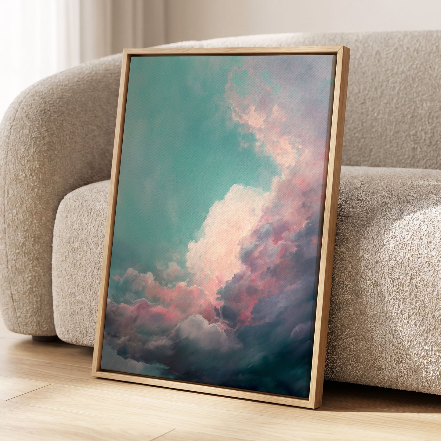 Blush Tempest, blue, green, pink nature wall art displayed in a styled interior, gallery view 4