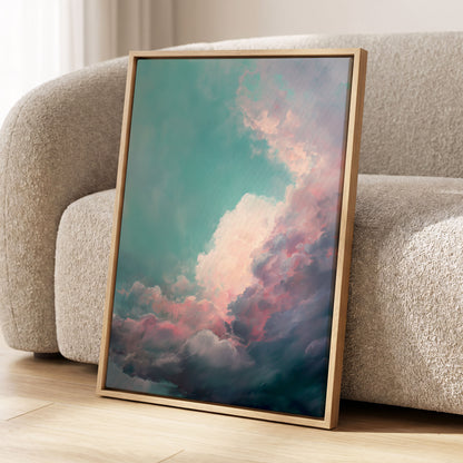 Blush Tempest, blue, green, pink nature wall art displayed in a styled interior, gallery view 4