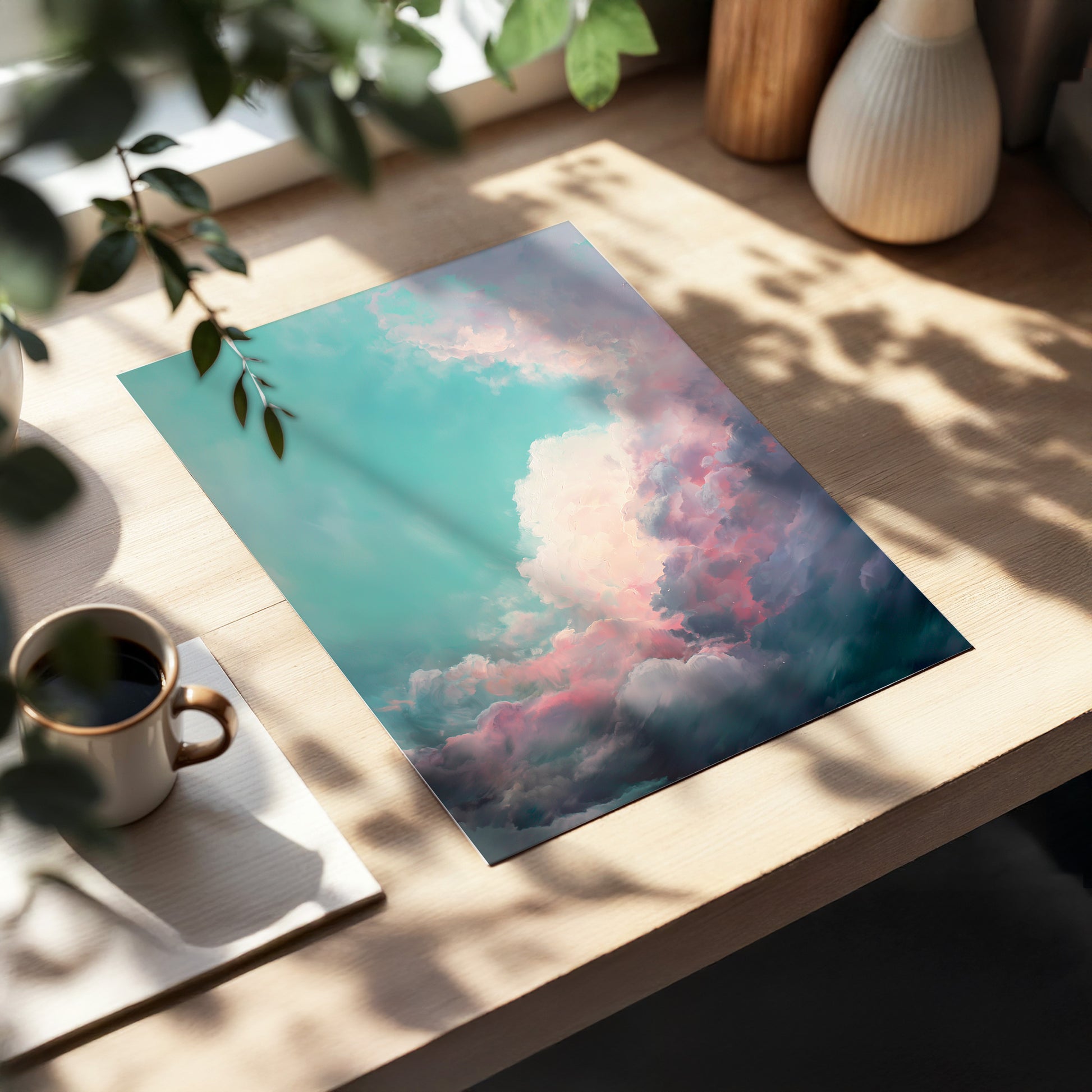 Blush Tempest, blue, green, pink nature wall art displayed in a styled interior, gallery view 5