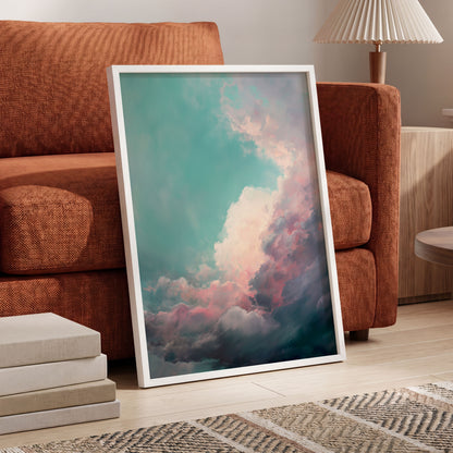 Blush Tempest, blue, green, pink nature wall art displayed in a styled interior, gallery view 6