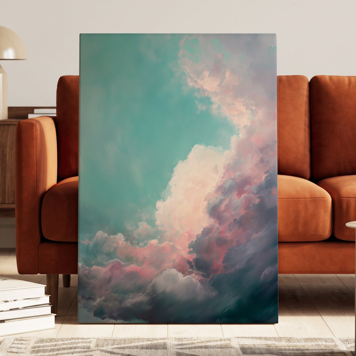 Blush Tempest, blue, green, pink nature wall art displayed in a styled interior, gallery view 7