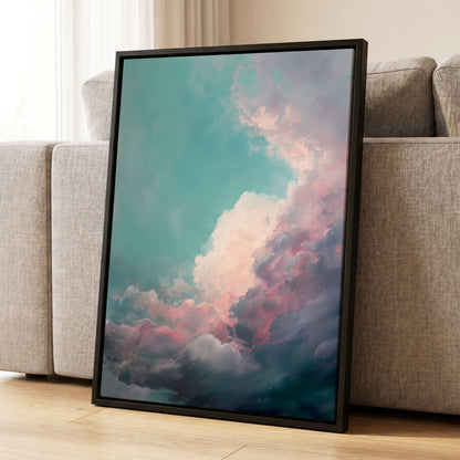 Blush Tempest, blue, green, pink nature wall art displayed in a styled interior, gallery view 8