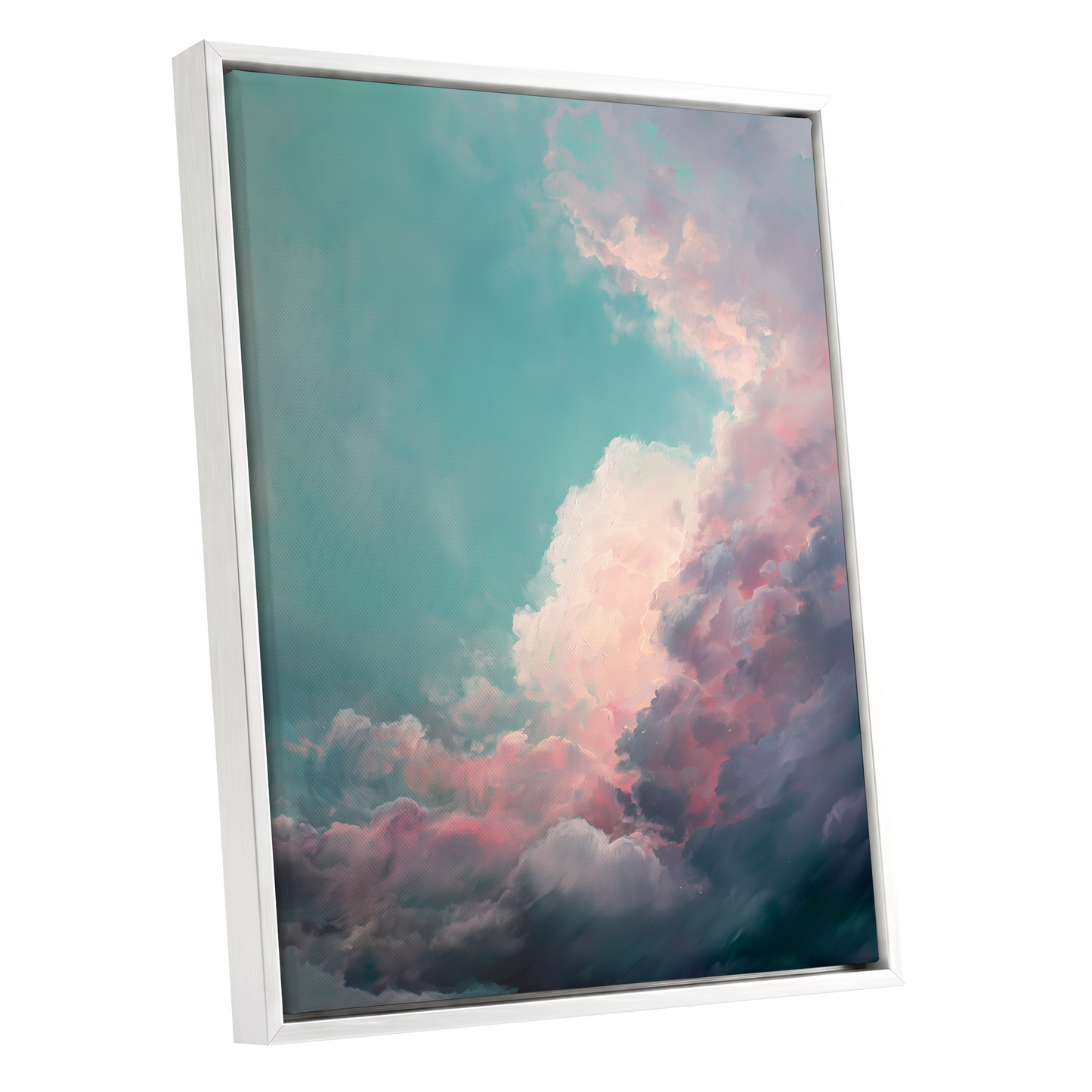 Blush Tempest, blue, green, pink nature wall art shown as a white framed canvas wall art