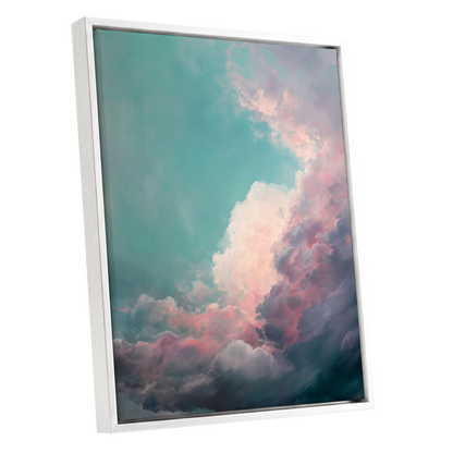 Blush Tempest, blue, green, pink nature wall art shown as a white framed canvas wall art