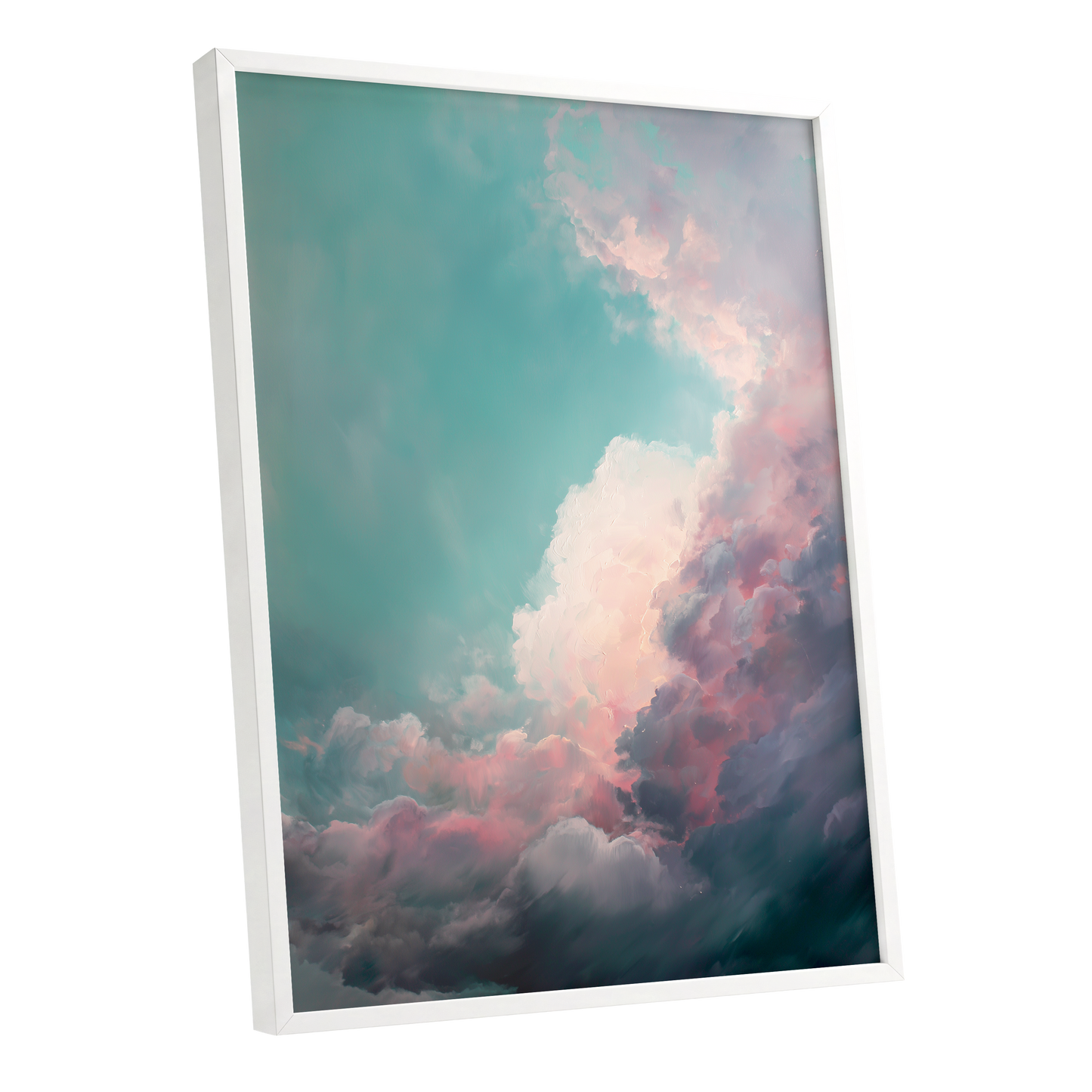 Blush Tempest, blue, green, pink nature wall art shown as a white framed poster wall art print