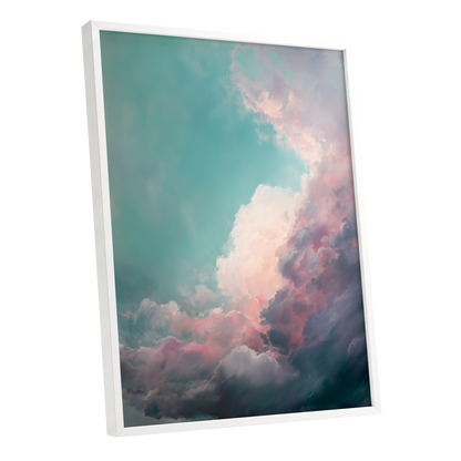 Blush Tempest, blue, green, pink nature wall art shown as a white framed poster wall art print