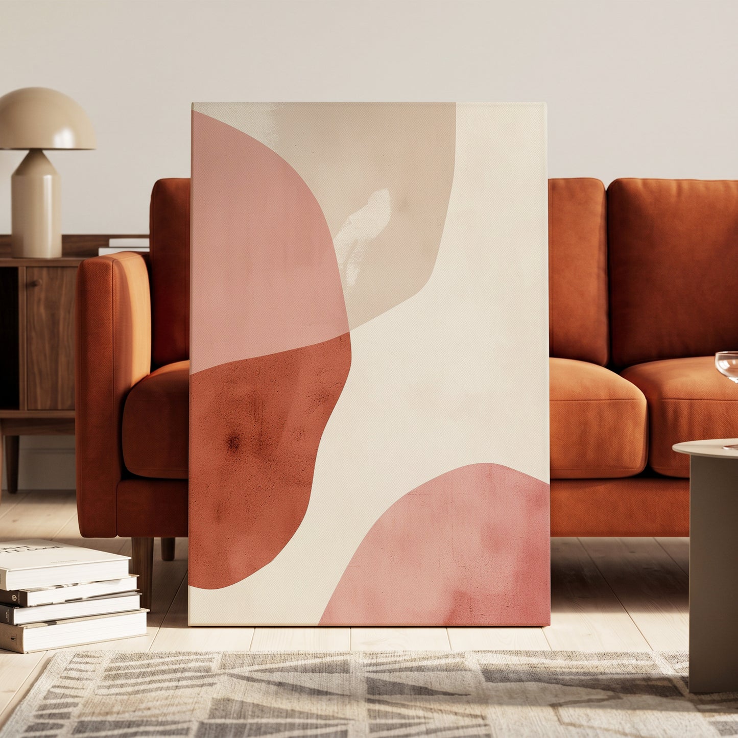 Blush Tides, pink, beige, brown abstract wall art on canvas displayed in a styled interior, gallery view 1
