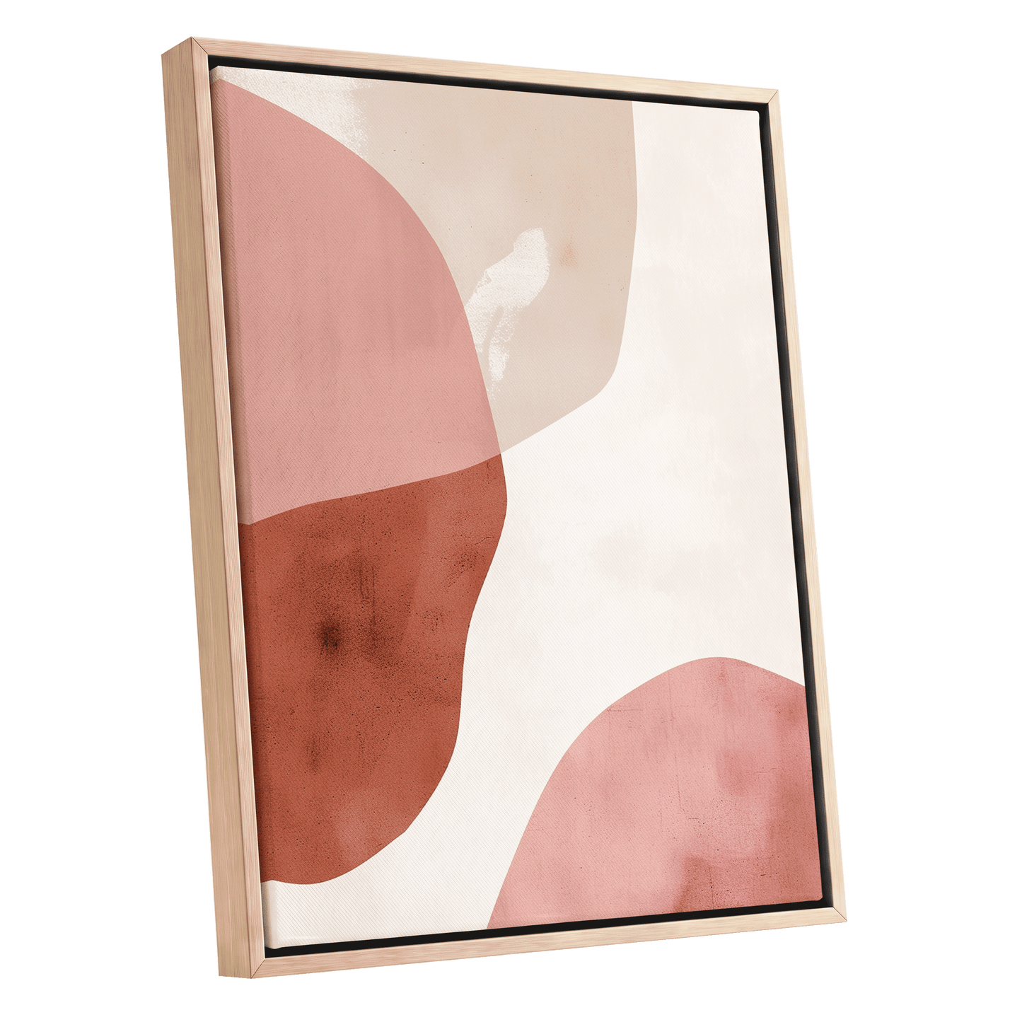 Blush Tides, pink, beige, brown abstract wall art shown as a oak framed canvas wall art