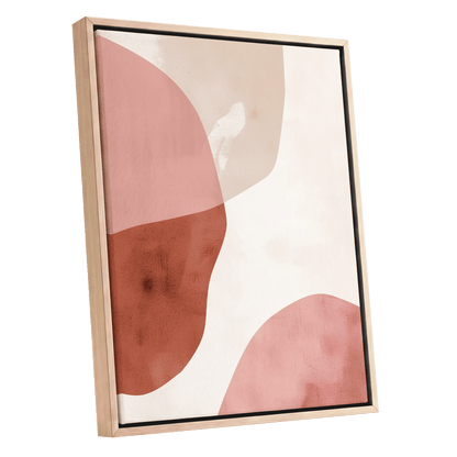 Blush Tides, pink, beige, brown abstract wall art shown as a oak framed canvas wall art