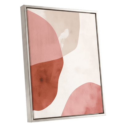 Blush Tides, pink, beige, brown abstract wall art shown as a silver framed canvas wall art