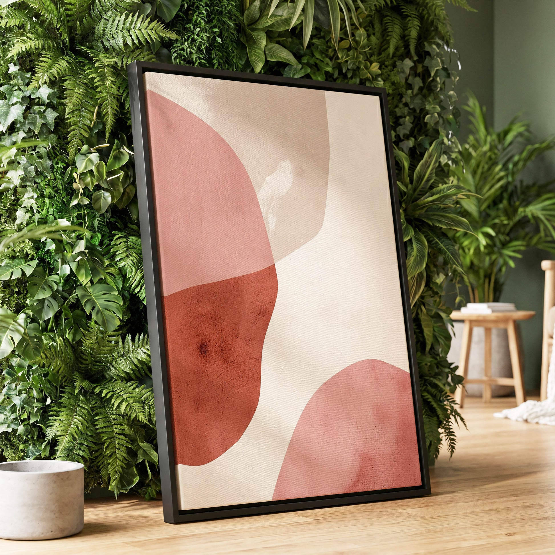 Blush Tides, pink, beige, brown abstract wall art displayed in a styled interior, gallery view 1