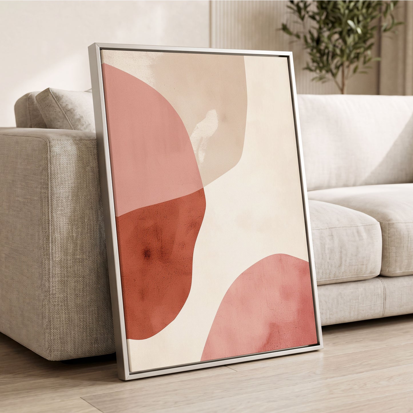 Blush Tides, pink, beige, brown abstract wall art displayed in a styled interior, gallery view 2