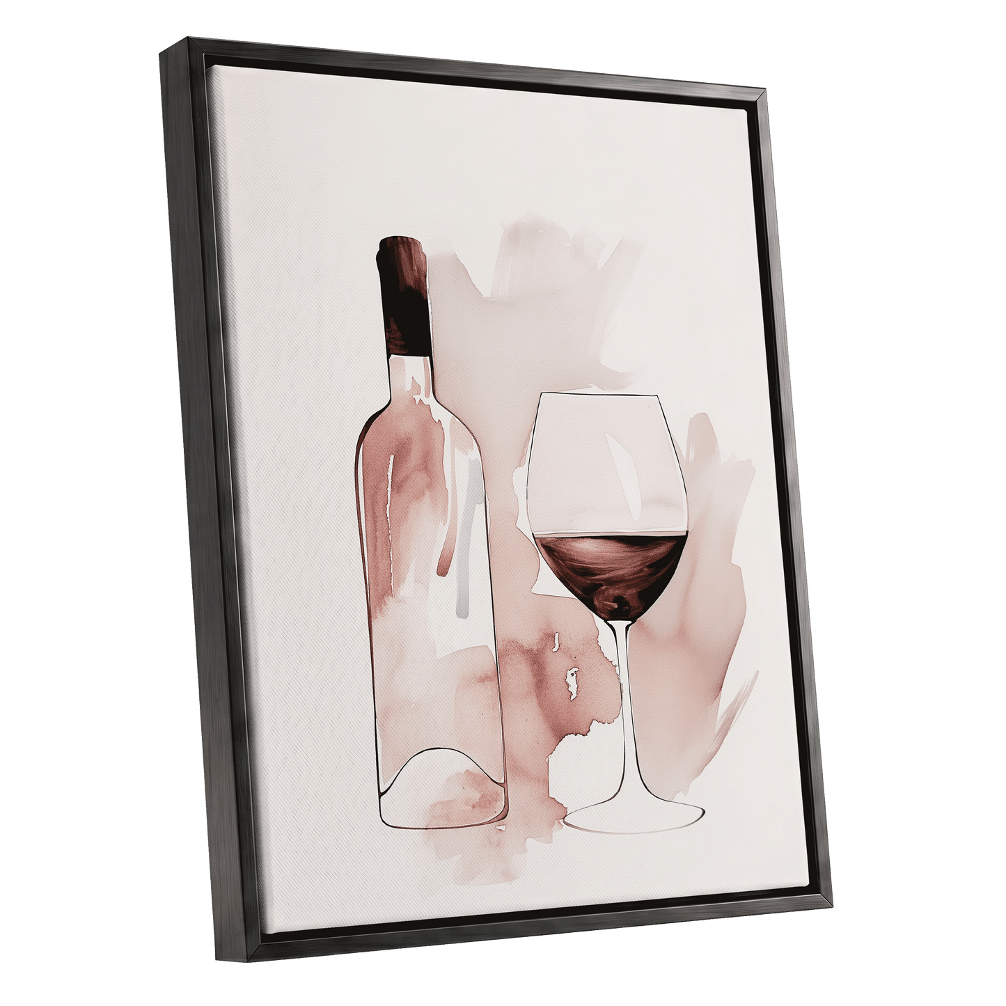 Blush Wine Still Life, pink, white, brown minimalist wall art shown as a black framed canvas wall art