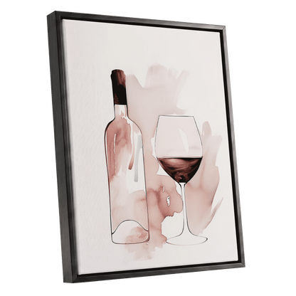 Blush Wine Still Life, pink, white, brown minimalist wall art shown as a black framed canvas wall art