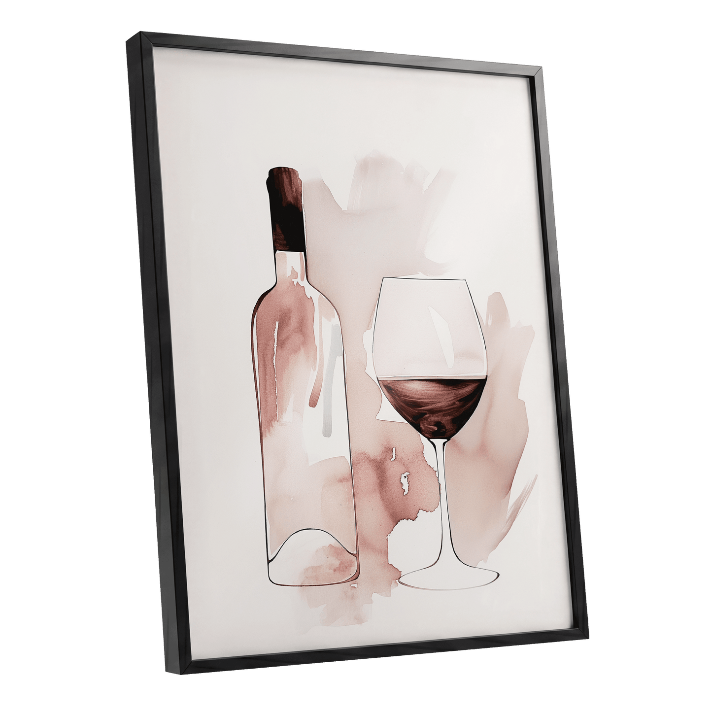 Blush Wine Still Life, pink, white, brown minimalist wall art shown as a black framed poster wall art print