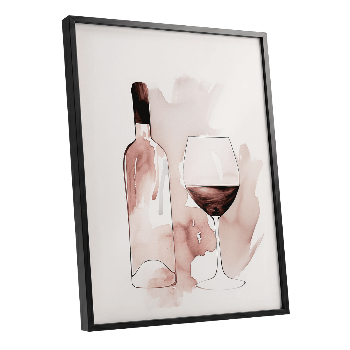 Blush Wine Still Life, pink, white, brown minimalist wall art shown as a black framed poster wall art print