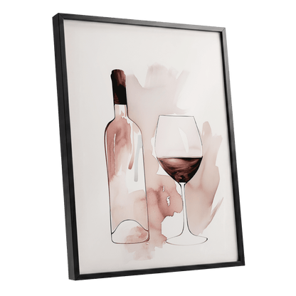 Blush Wine Still Life, pink, white, brown minimalist wall art shown as a black framed poster wall art print