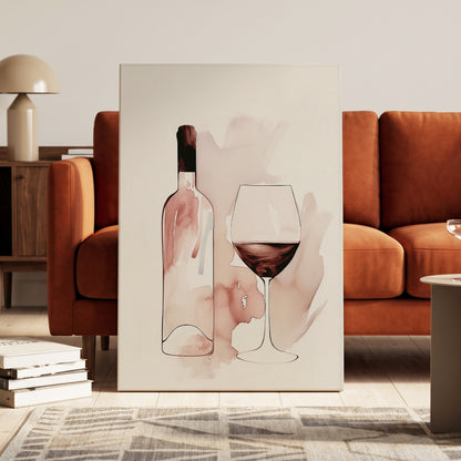 Blush Wine Still Life, pink, white, brown minimalist wall art on canvas displayed in a styled interior, gallery view 1