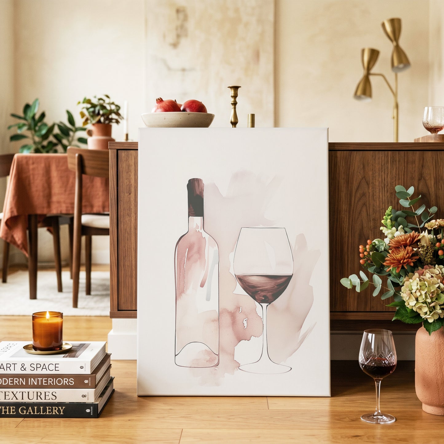Blush Wine Still Life, pink, white, brown minimalist wall art on canvas displayed in a styled interior, gallery view 2