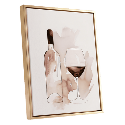 Blush Wine Still Life, pink, white, brown minimalist wall art shown as a gold framed canvas wall art
