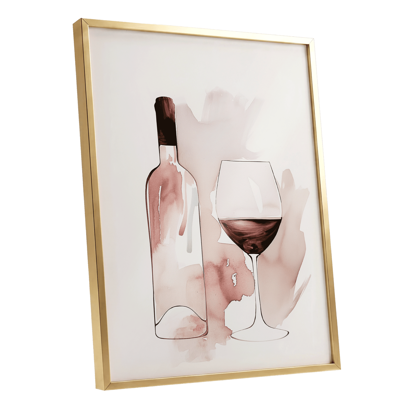 Blush Wine Still Life, pink, white, brown minimalist wall art shown as a gold framed poster wall art print