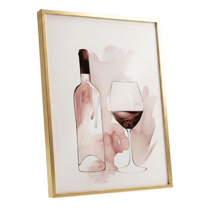 Blush Wine Still Life, pink, white, brown minimalist wall art shown as a gold framed poster wall art print