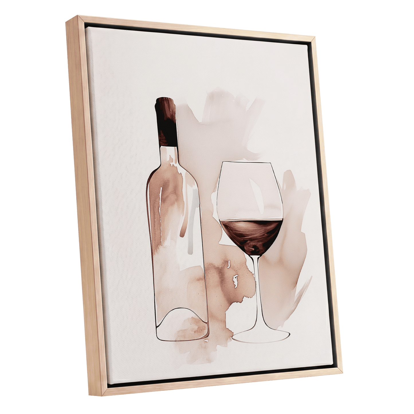 Blush Wine Still Life, pink, white, brown minimalist wall art shown as a oak framed canvas wall art
