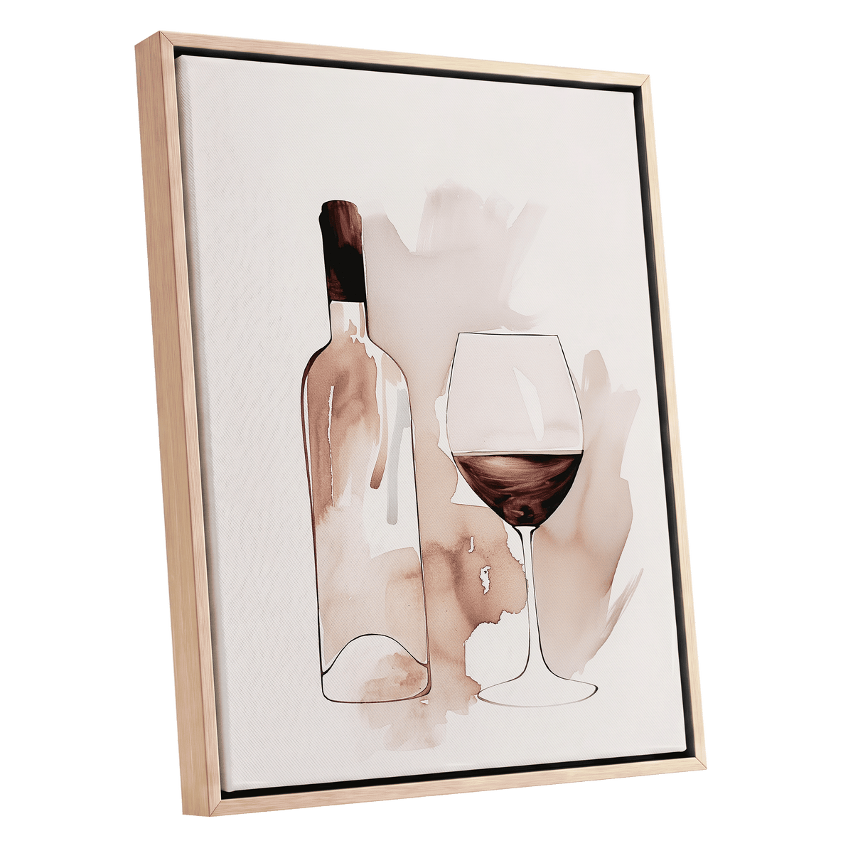 Blush Wine Still Life, pink, white, brown minimalist wall art shown as a oak framed canvas wall art