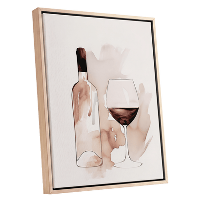 Blush Wine Still Life, pink, white, brown minimalist wall art shown as a oak framed canvas wall art