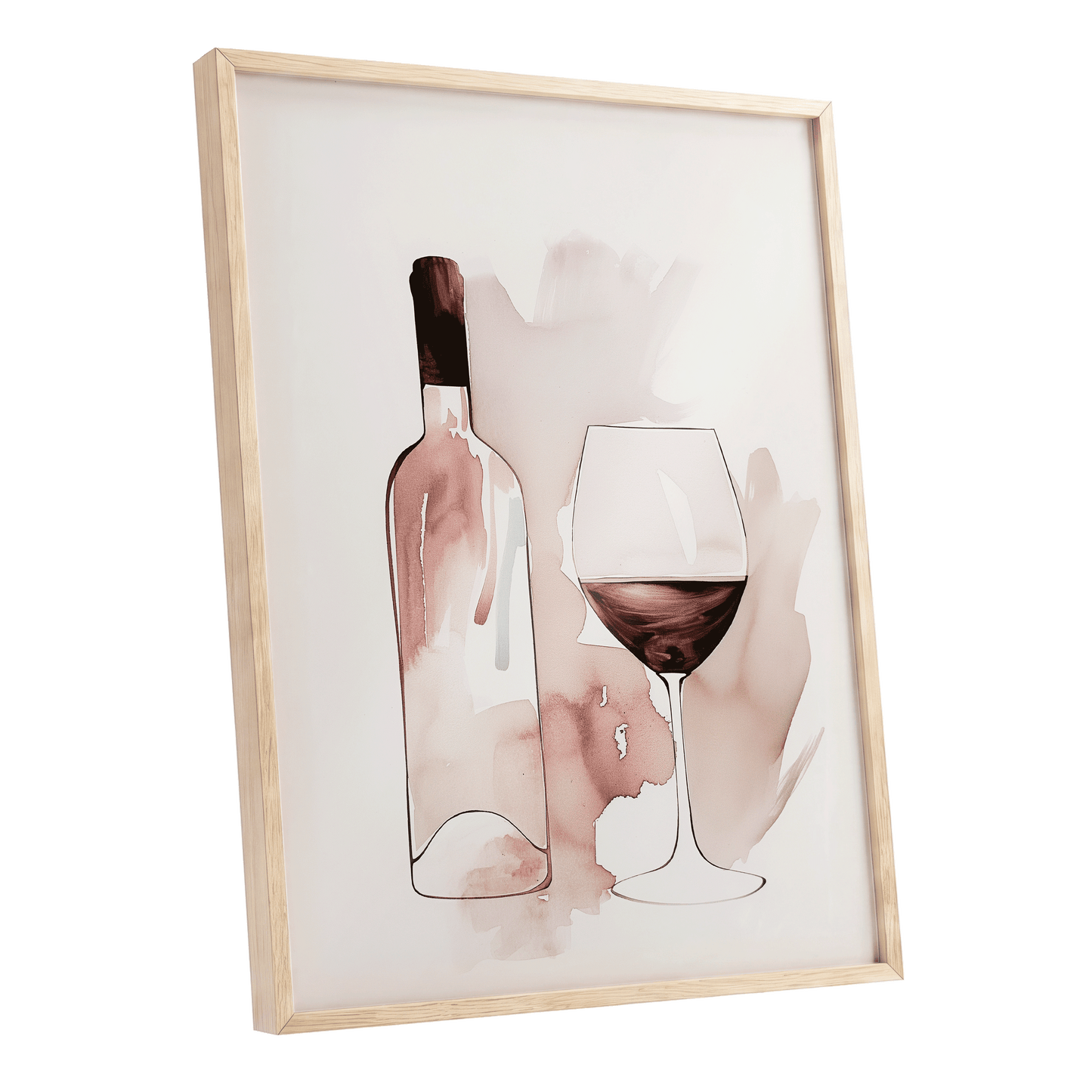 Blush Wine Still Life, pink, white, brown minimalist wall art shown as a oak framed poster wall art print
