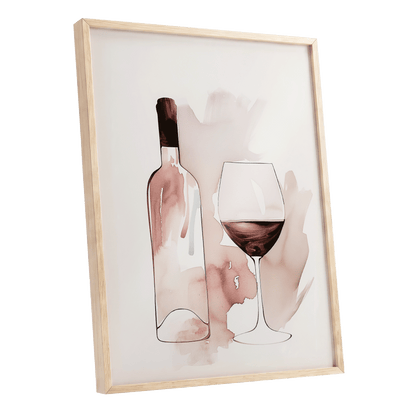 Blush Wine Still Life, pink, white, brown minimalist wall art shown as a oak framed poster wall art print