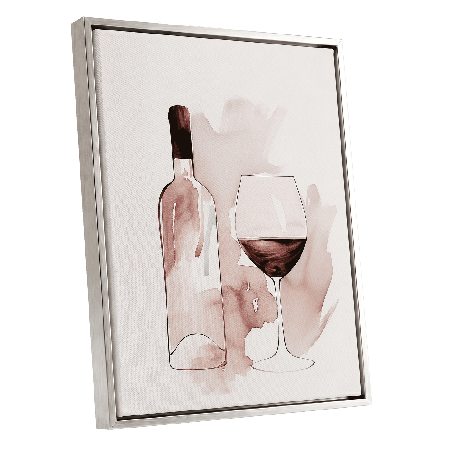 Blush Wine Still Life, pink, white, brown minimalist wall art shown as a silver framed canvas wall art