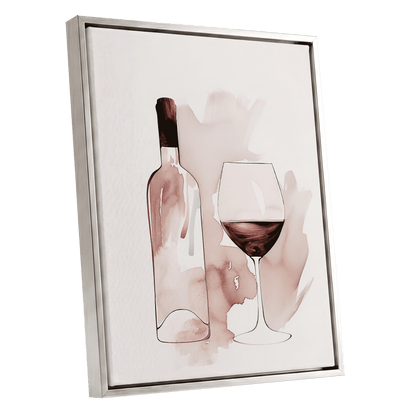 Blush Wine Still Life, pink, white, brown minimalist wall art shown as a silver framed canvas wall art