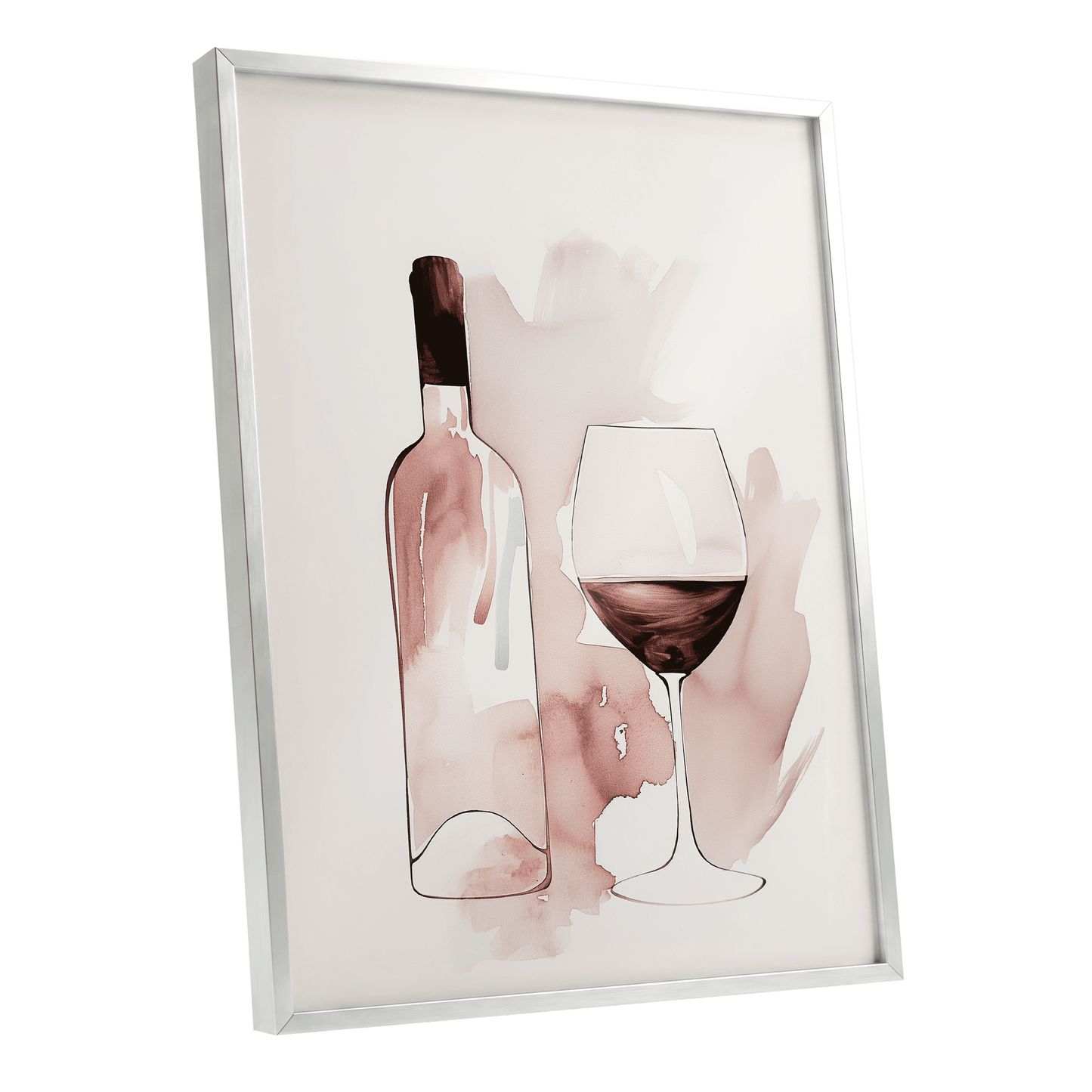 Blush Wine Still Life, pink, white, brown minimalist wall art shown as a silver framed poster wall art print