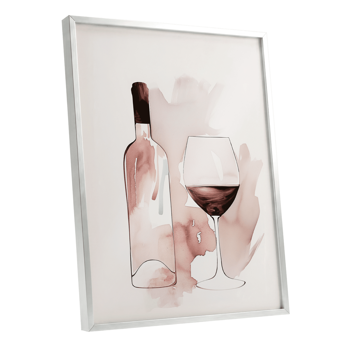 Blush Wine Still Life, pink, white, brown minimalist wall art shown as a silver framed poster wall art print