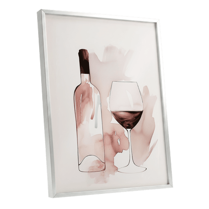 Blush Wine Still Life, pink, white, brown minimalist wall art shown as a silver framed poster wall art print