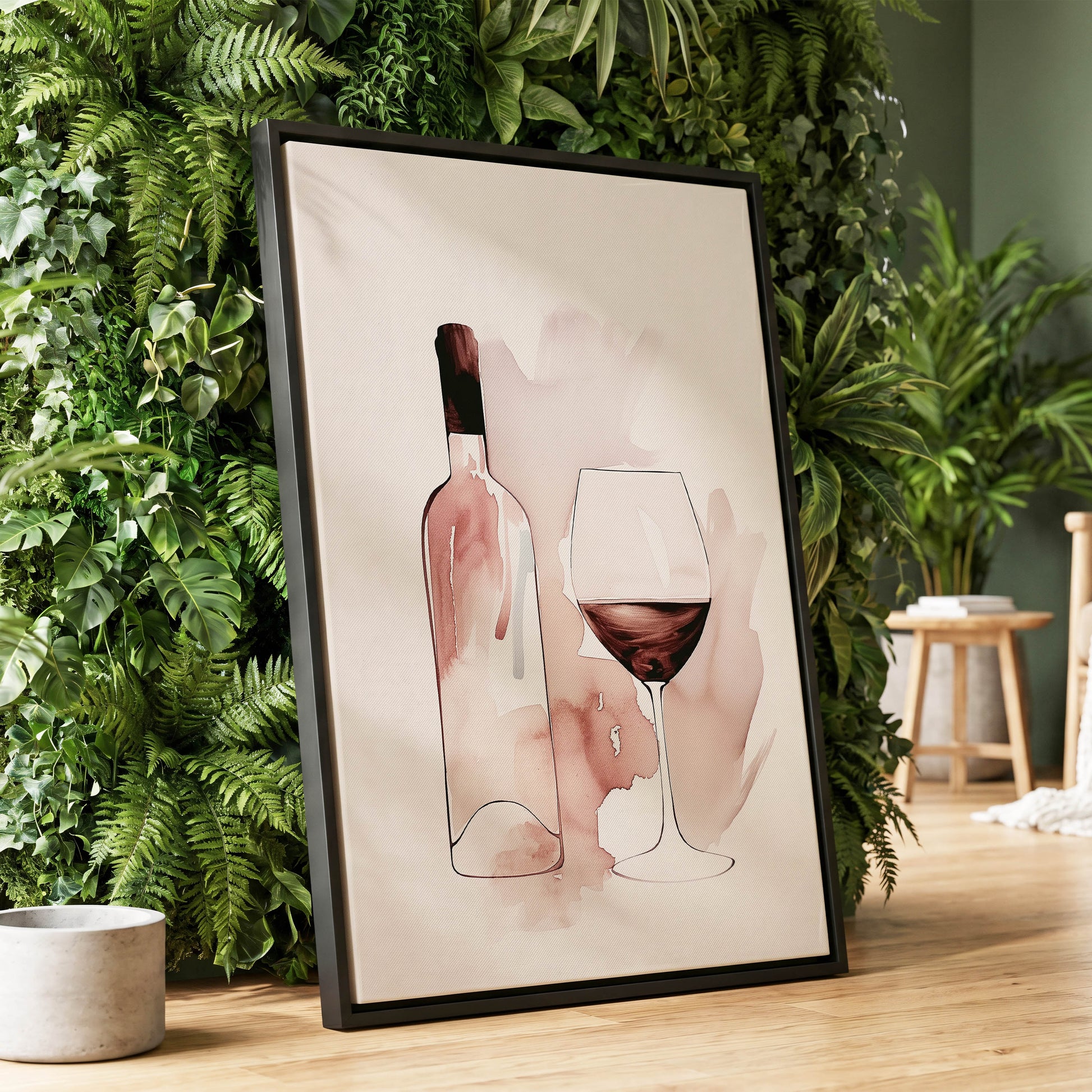 Blush Wine Still Life, pink, white, brown minimalist wall art displayed in a styled interior, gallery view 1