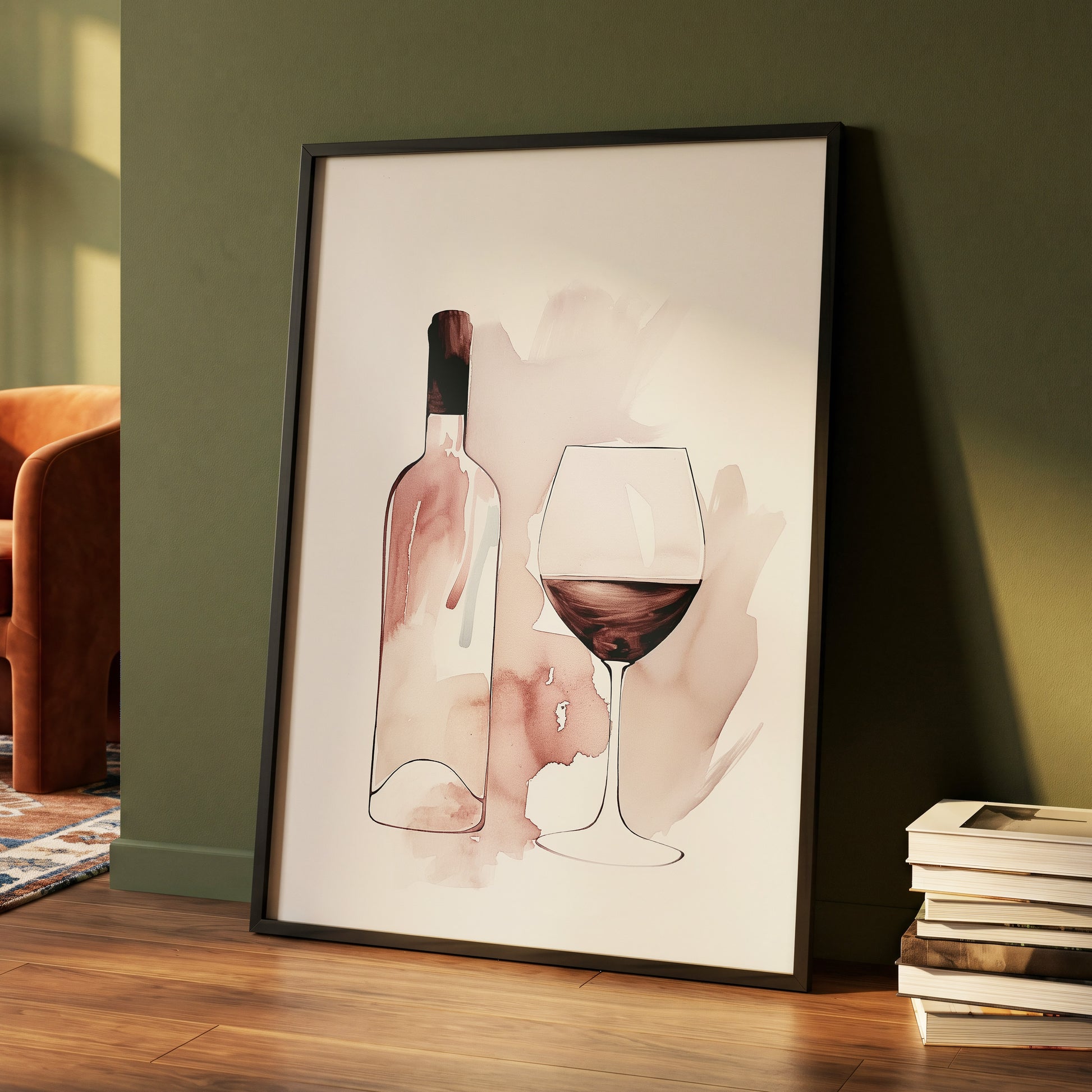 Blush Wine Still Life, pink, white, brown minimalist wall art displayed in a styled interior, gallery view 4
