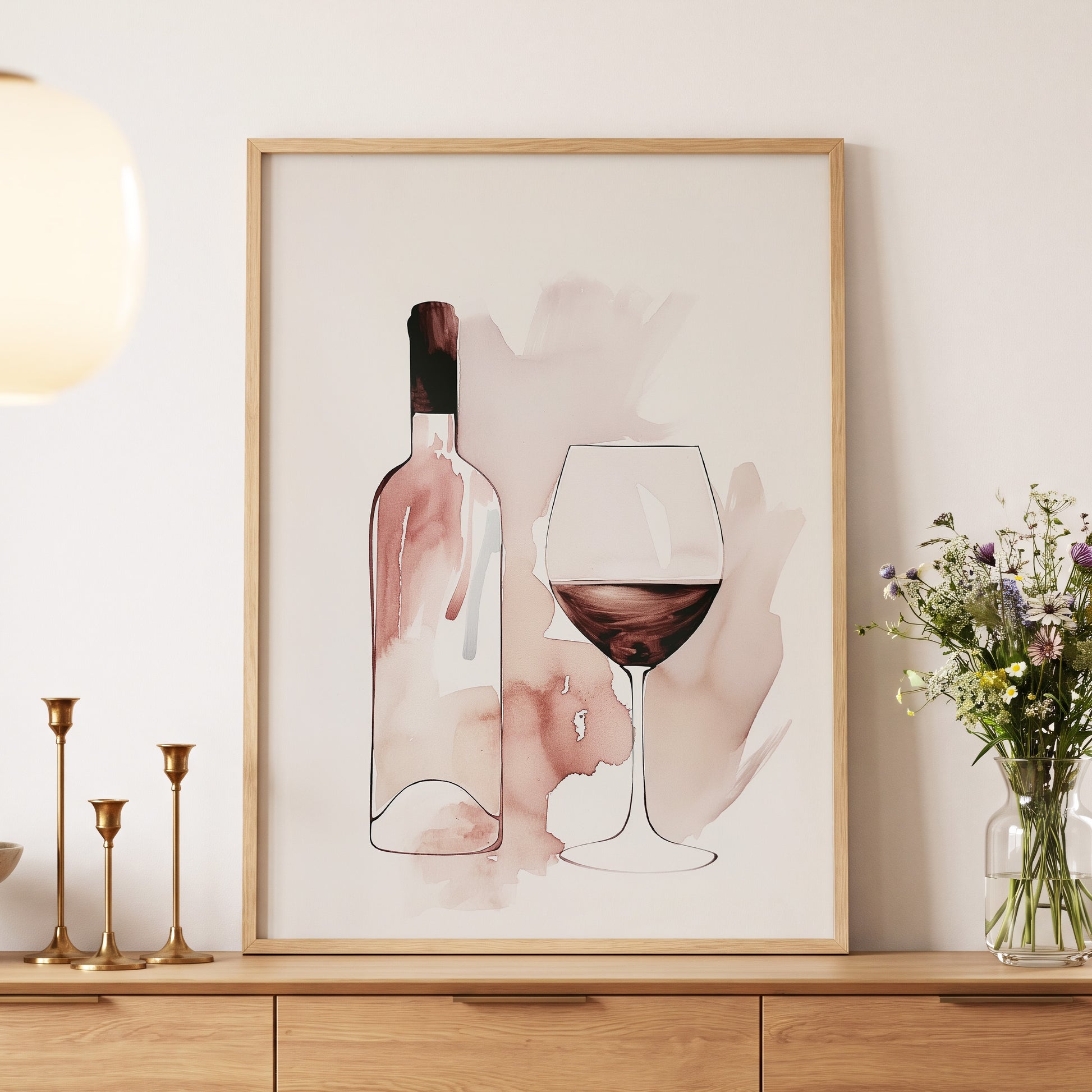Blush Wine Still Life, pink, white, brown minimalist wall art displayed in a styled interior, gallery view 5