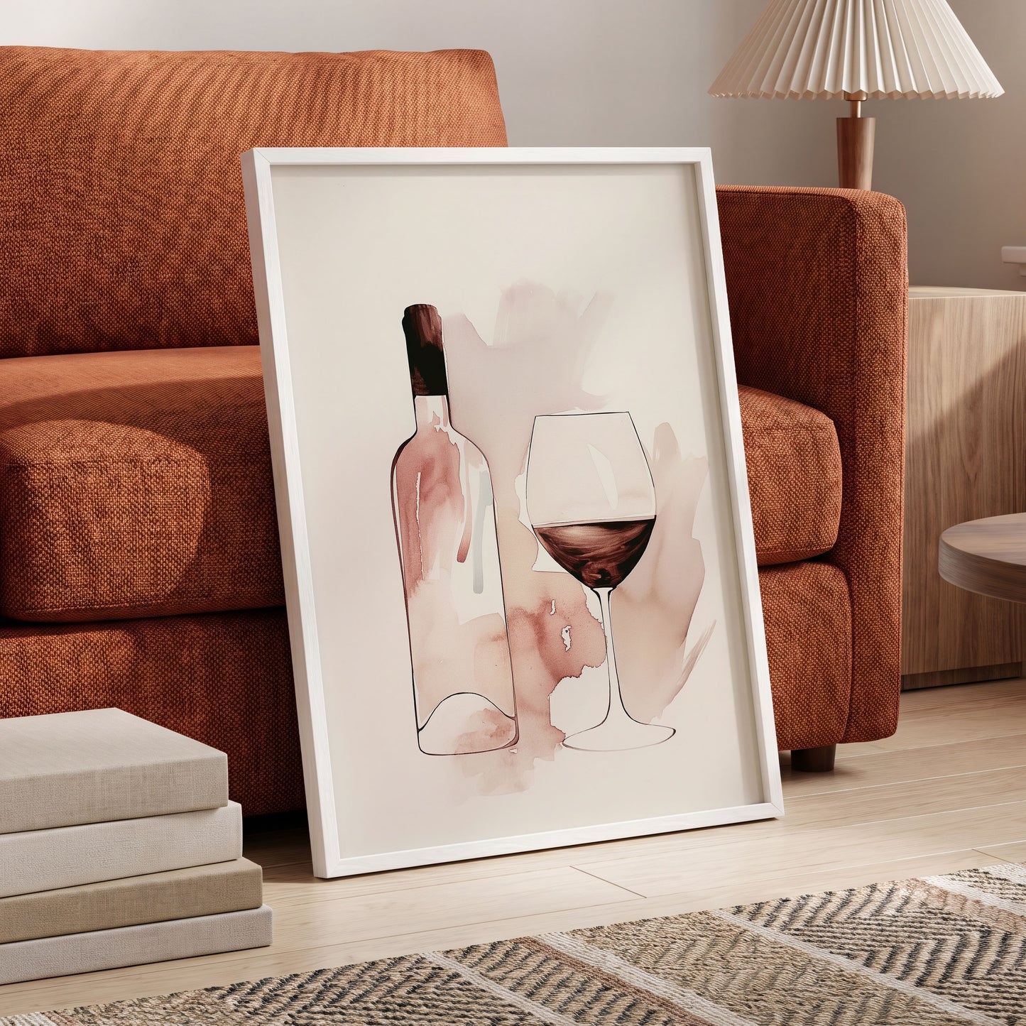 Blush Wine Still Life, pink, white, brown minimalist wall art displayed in a styled interior, gallery view 6