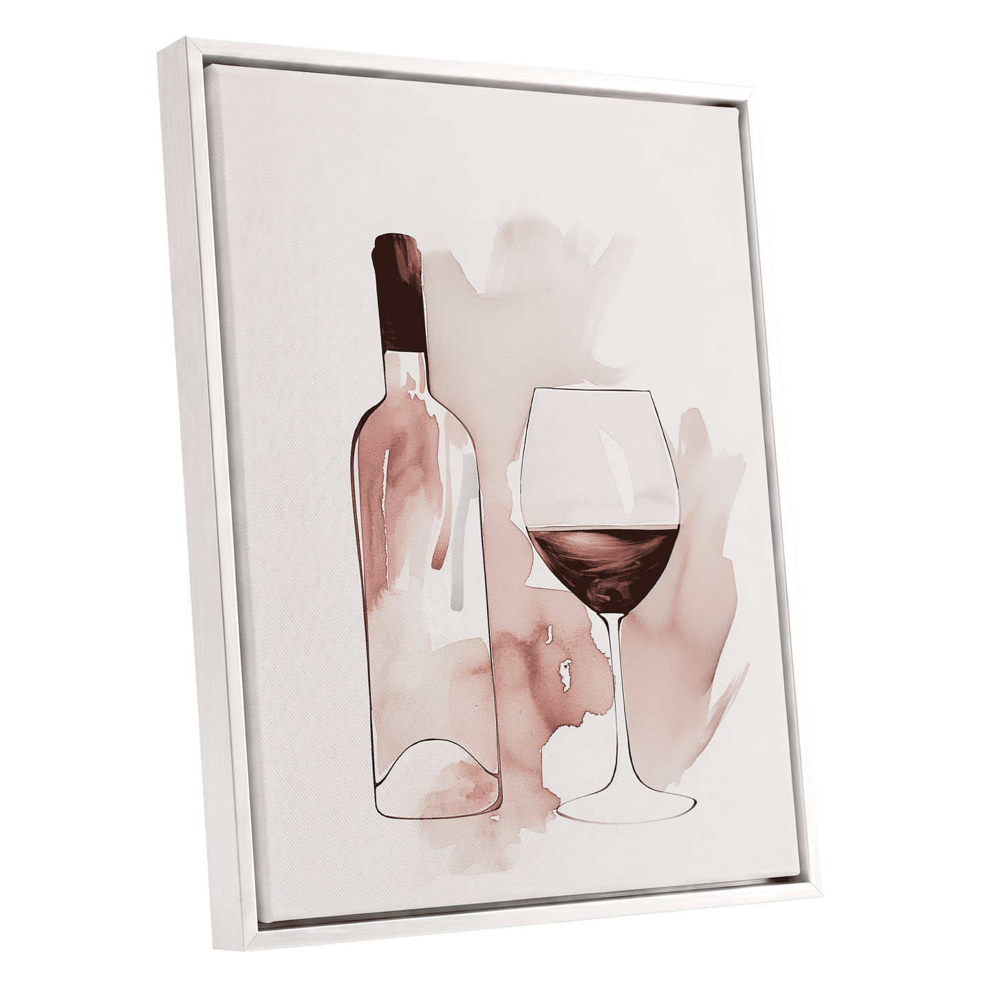 Blush Wine Still Life, pink, white, brown minimalist wall art shown as a white framed canvas wall art