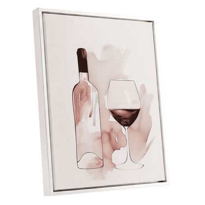 Blush Wine Still Life, pink, white, brown minimalist wall art shown as a white framed canvas wall art