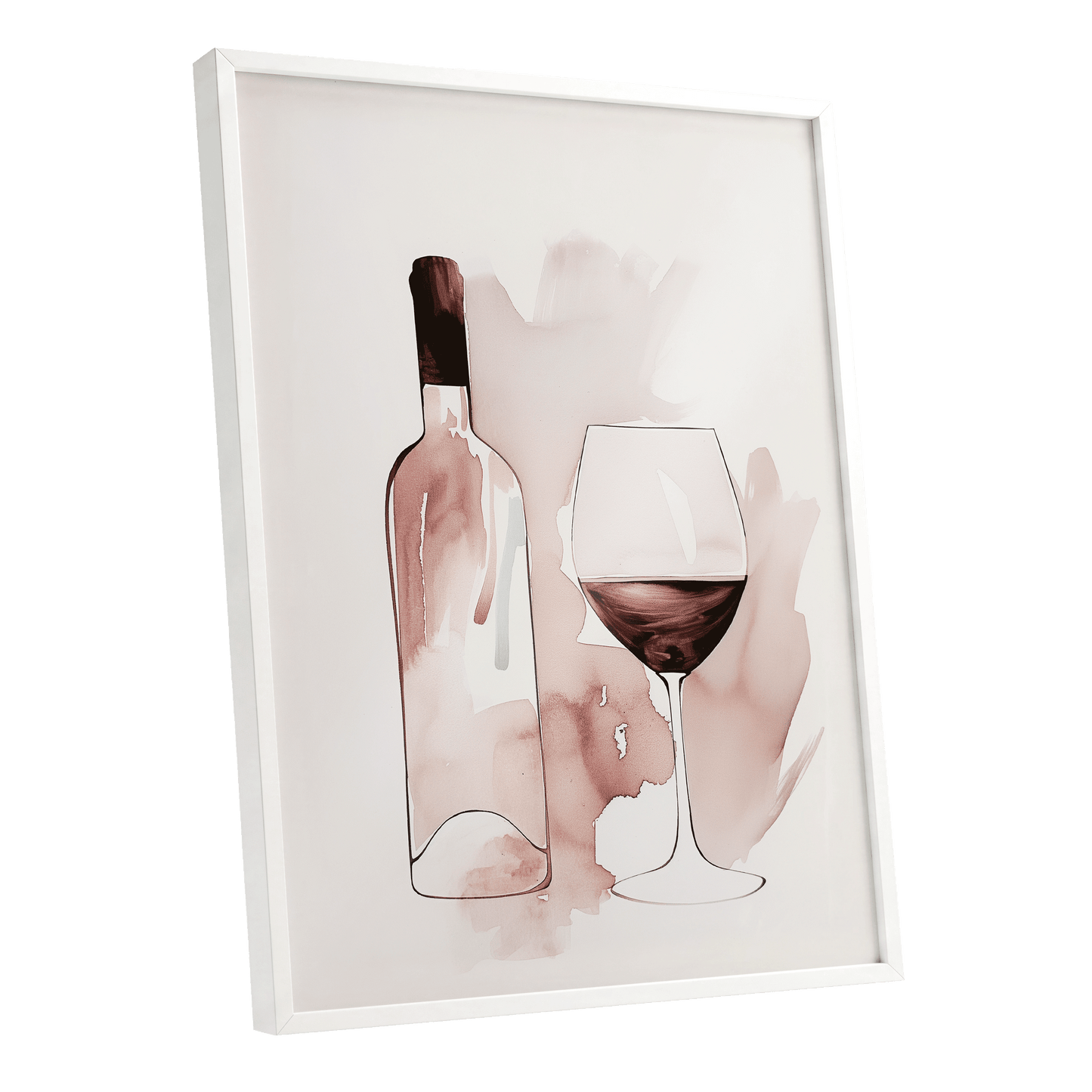 Blush Wine Still Life, pink, white, brown minimalist wall art shown as a white framed poster wall art print