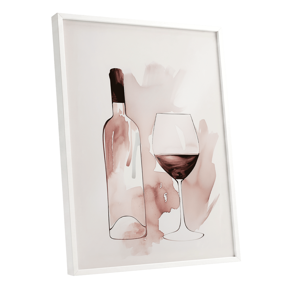 Blush Wine Still Life, pink, white, brown minimalist wall art shown as a white framed poster wall art print