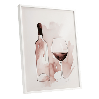 Blush Wine Still Life, pink, white, brown minimalist wall art shown as a white framed poster wall art print