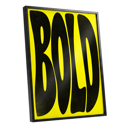 Bold in Yellow, yellow, black minimalist wall art shown as a black framed poster wall art print