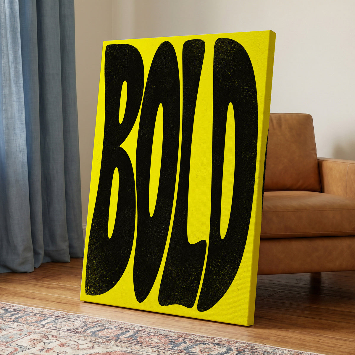 Bold in Yellow, yellow, black minimalist wall art on canvas displayed in a styled interior, gallery view 1