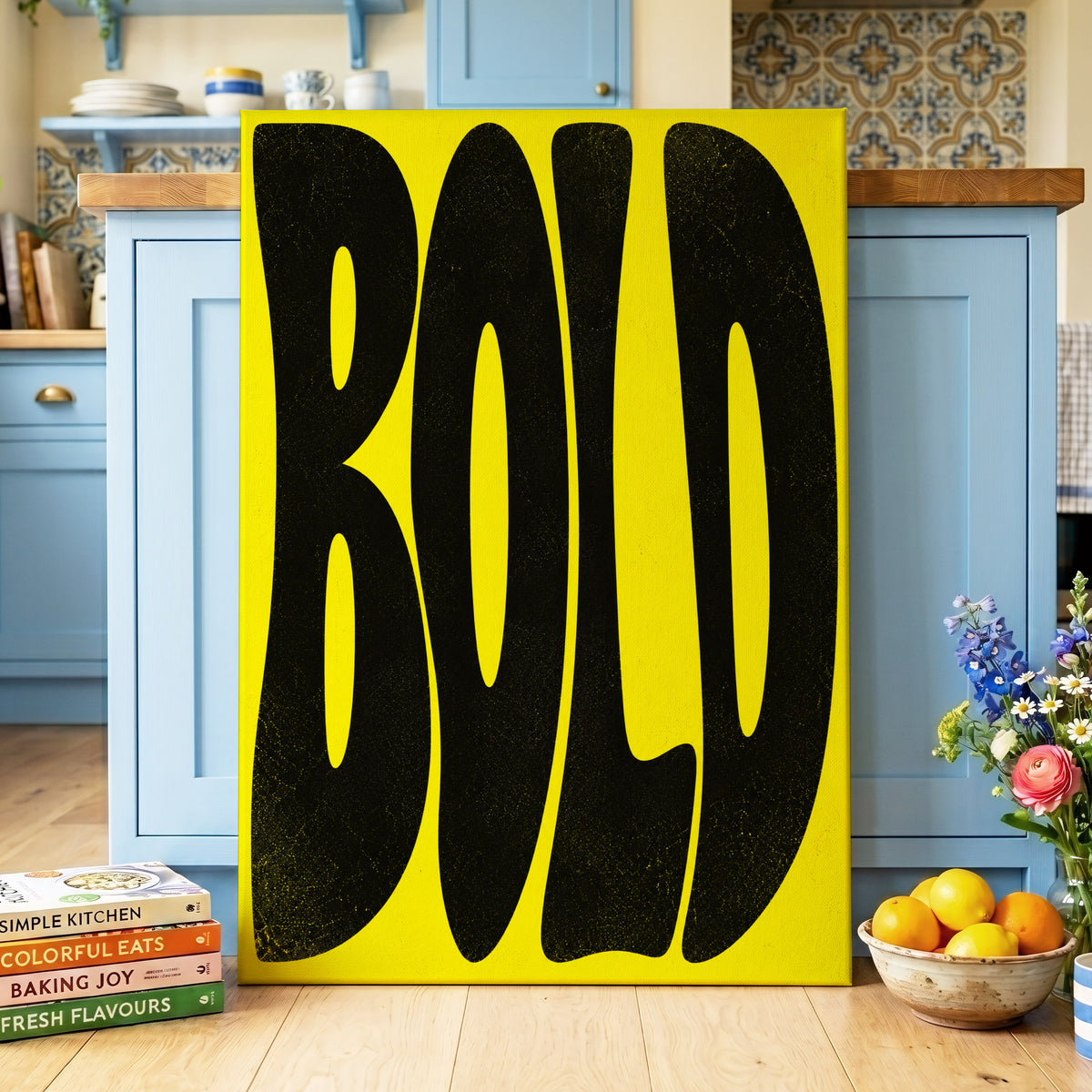 Bold in Yellow, yellow, black minimalist wall art on canvas displayed in a styled interior, gallery view 2